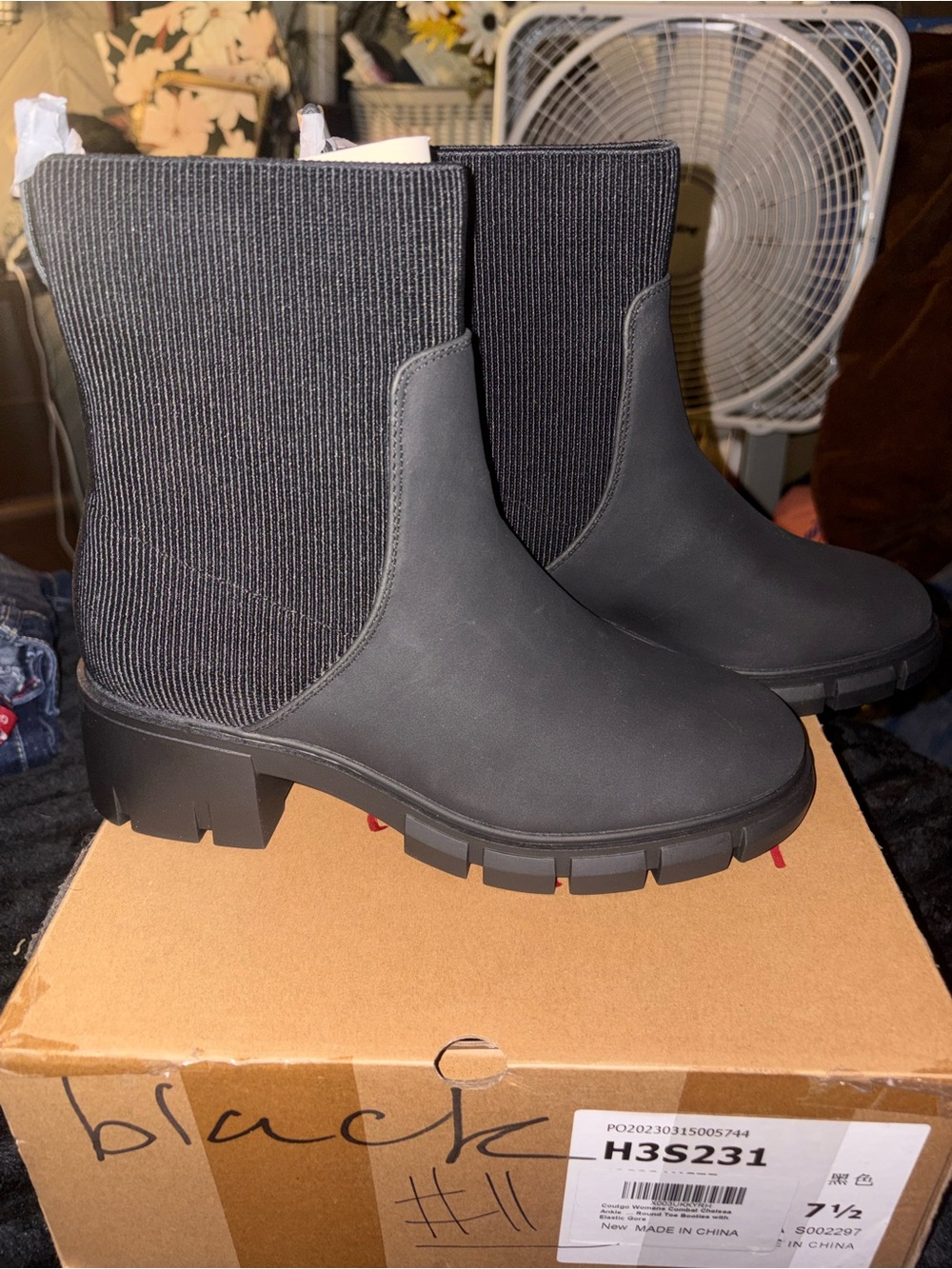 Amazon Black Ribbed-Shaft Lug Sole Ankle Boots